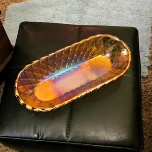 Vintage Marigold Carnival Glass Basketweave Bread Basket